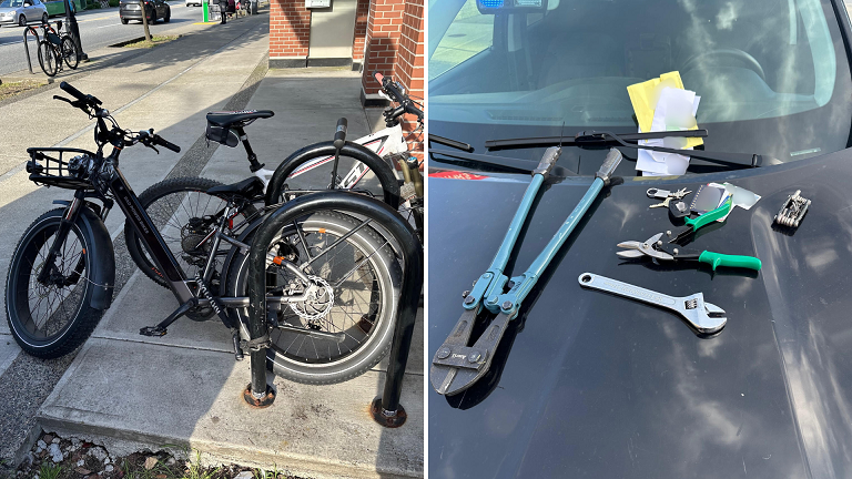 Picture of bikes locked up and picture of tools on a hood of a car. 