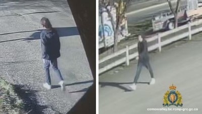 two pictures of the suspect wearing a dark jacket and blue jeans
